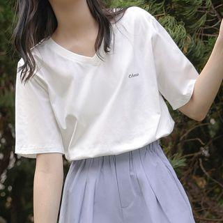 Short-sleeve Letter Embroidered V-neck T-shirt