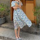 Floral Puff-sleeve Bow-back Midi A-line Dress