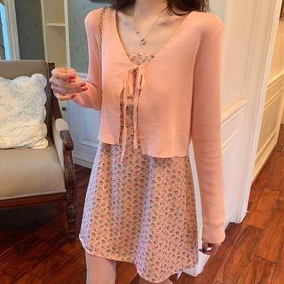 Spaghetti Strap Floral Print A-line Dress / Tie-front Cardigan