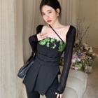 Long-sleeve Plain Cardigan / Printed Panel Asymmetric Tube Top