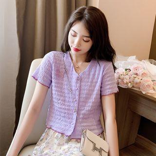 Short-sleeve Buttoned V-neck Crop Top Purple - One Size