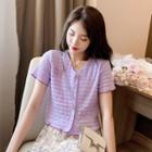 Short-sleeve Buttoned V-neck Crop Top Purple - One Size