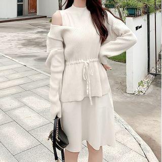 Set: Drawstring-waist Knit Top + Sleeveless Midi A-line Dress