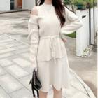 Set: Drawstring-waist Knit Top + Sleeveless Midi A-line Dress