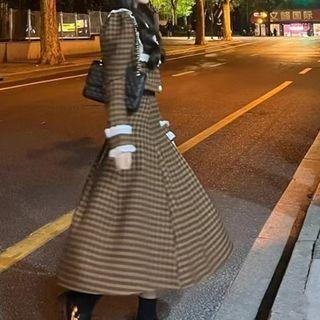 Set: Cropped Lace Trim Gingham Check Jacket + Midi A-line Skirt