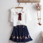 Short-sleeve Cake Embroidered Shirt / Mini A-line Skirt / Set