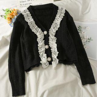 Lace Ruffle-trim Slim-fit Cropped Cardigan