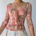 Elbow Sleeve Floral Print Tie-front Ruffled-trim Crop Top
