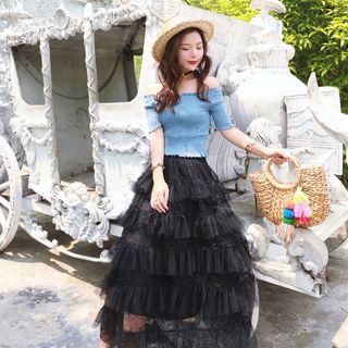 Set: Short Sleeve Off-shoulder Top + Layered Midi Skirt