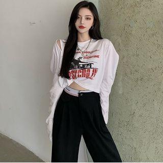 Bubble-sleeve Printed Crop T-shirt / Asymmetric Wide-leg Dress Pants