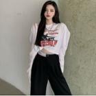 Bubble-sleeve Printed Crop T-shirt / Asymmetric Wide-leg Dress Pants