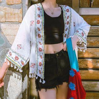 Embroidered Open Front Light Jacket White - One Size