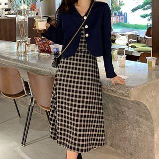 Spaghetti Strap Plaid Midi A-line Dress / Bow-back Blazer