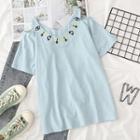 Short-sleeve Cutout Embroidered T-shirt Blue - One Size