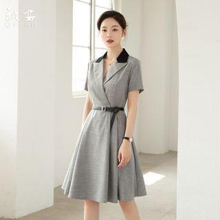 V-neck Two Tone Pleated A-line Dress