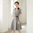 V-neck Two Tone Pleated A-line Dress