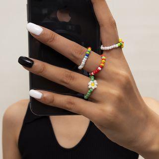 Flower Bead Ring 2226 - Red & Yellow & Blue - One Size