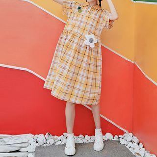 Plaid Midi A-line Dress Yellow - One Size