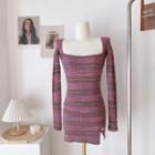 Long-sleeve Striped Sheath Knit Dress Pink - One Size
