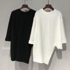 Long-sleeve Round-neck Asymmetrical Hem Plain Top