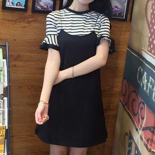 Set: Striped Short Sleeve T-shirt + Plain Spaghetti Strap Dress