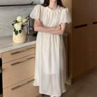 Puff-sleeve Plain Midi Dress Off-white - One Size