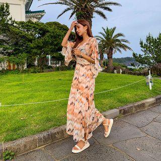 Slit-sleeve Shirred Tie-dye Maxi Dress