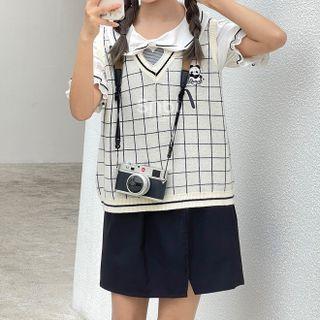 Plaid Bear Embroidered Sweater Shirt