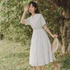 Short-sleeve Tie-neck Tiered Midi A-line Dress