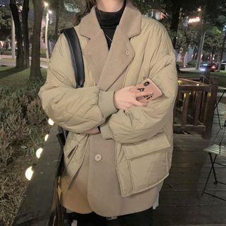 Mock Two-piece Quilted Button-up Coat Khaki - One Size