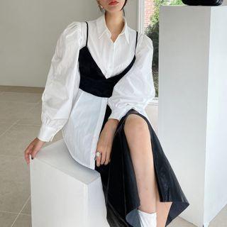 Puff-sleeve Blouse / Cropped Camisole Top / Faux Leather Slit Midi A-line Skirt