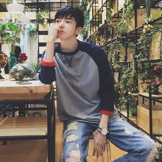 3/4-sleeve Color Block Pullover