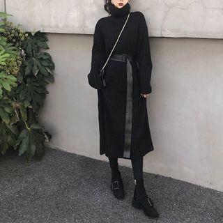 Set: Turtleneck Sweater Dress + Belt