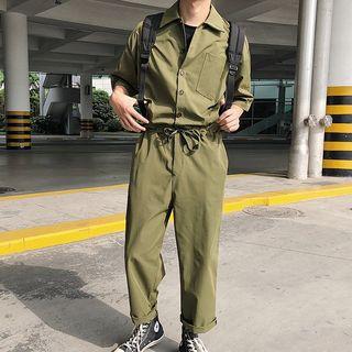 Elbow-sleeve Drawstring Cropped Jumpsuit