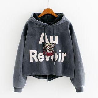 Slit Back Cat Embroidered Velvet Hoodie