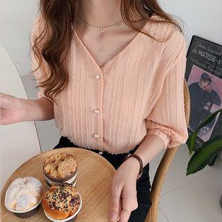Faux Pearl V-neck Elbow-sleeve Chiffon Blouse