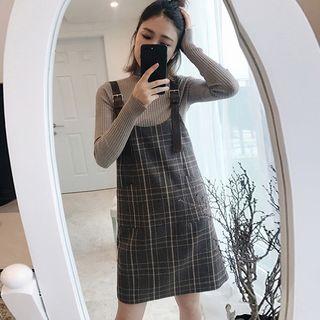 Set: Long-sleeve Knit Top + Plaid Pinafore Dress