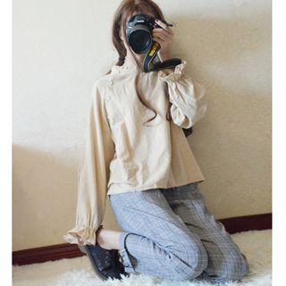 Mock-neck Blouse / Plaid Pants