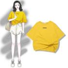 Elbow-sleeve Letter Knot-front T-shirt Yellow - One Size