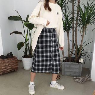 Letter Embroidered Long Sleeve T-shirt / Plaid Midi Skirt