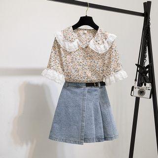Short-sleeve Floral Print Top / Denim Skirt / Set