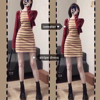 Plain Crewneck Single-breasted Slim-fit Long-sleeve Cropped Knit Cardigan / Striped Crewneck Slim-fit High-waist Sleeveless Dress