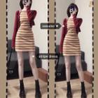 Plain Crewneck Single-breasted Slim-fit Long-sleeve Cropped Knit Cardigan / Striped Crewneck Slim-fit High-waist Sleeveless Dress