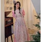 Mock Two-piece Short-sleeve Floral Panel Midi A-line Dress Floral - Almond - One Size