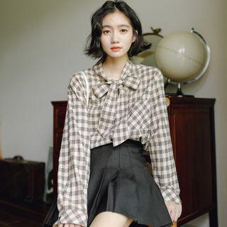 Bow Plaid Shirt Khaki - One Size