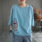 Distressed Bear Embroidered Elbow-sleeve T-shirt