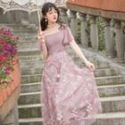 Puff-sleeve Mesh Overlay A-line Dress