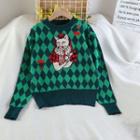 Cat Embroidered Diamond Pattern Sweater Green - One Size