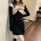 Long-sleeve Off-shoulder Sheath Dress Black - One Size