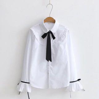 Bow Accent Frill Trim Long Sleeve Blouse